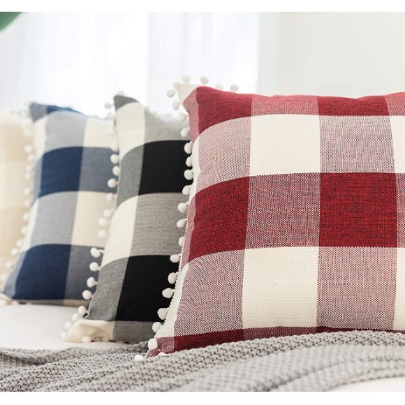 Classic Black/White Gingham Pompom Farmhouse Preppy Throw Pillow Cover Twin Set - Picture 8 of 10